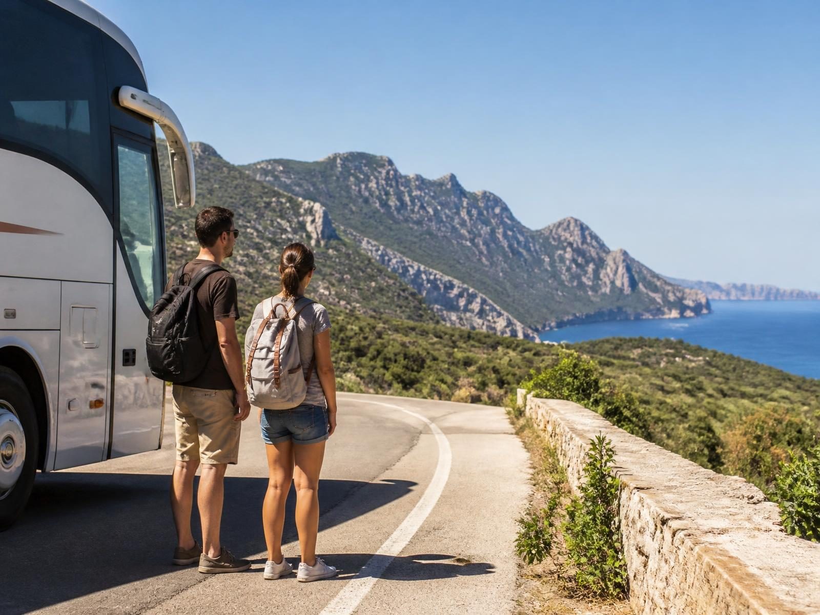 Due viaggiatori accanto a un autobus gran turismo lungo la costa dell'Ogliastra