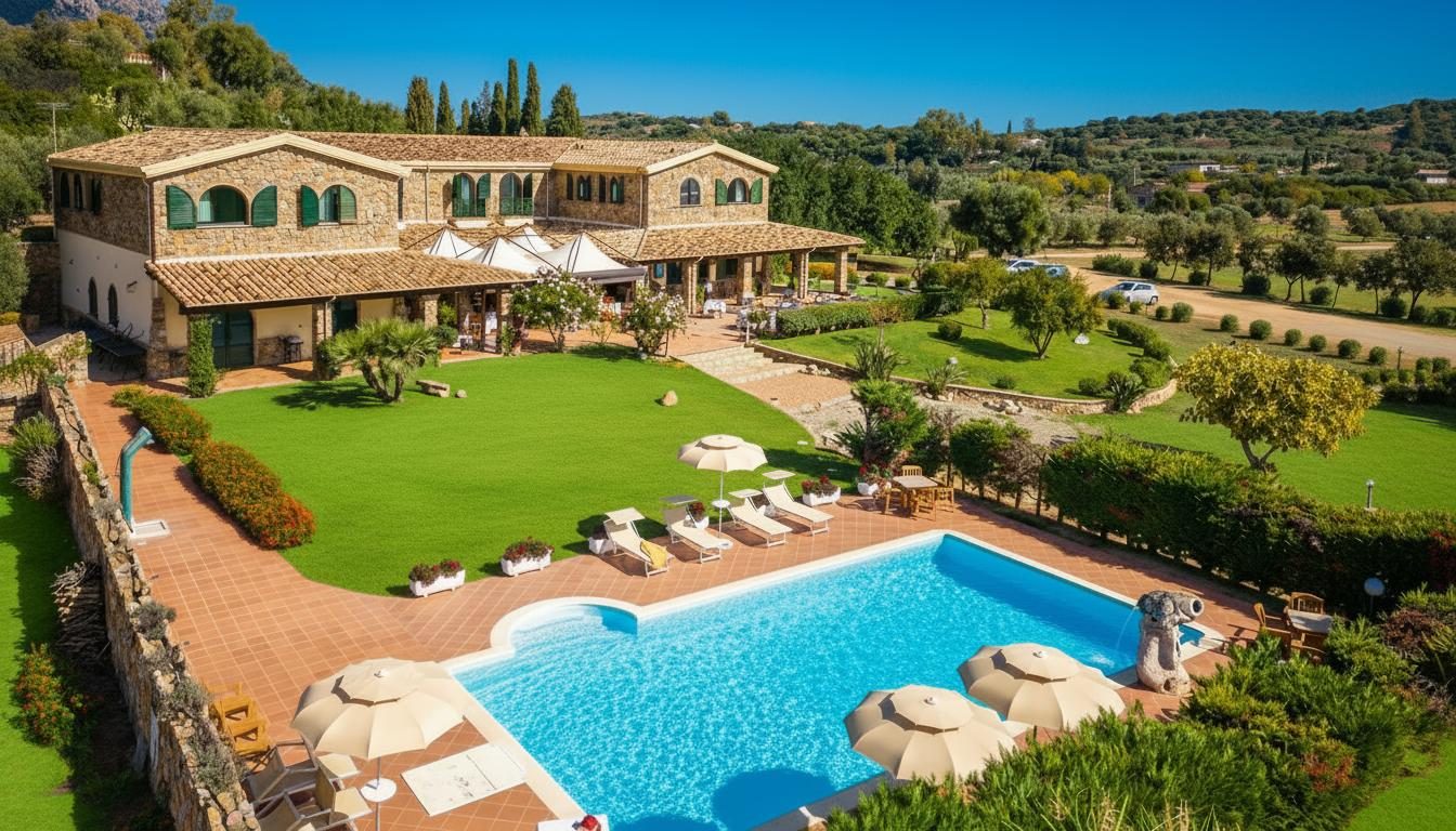 Veduta dall'alto dell'Hotel Janas con piscina, giardino e uliveti a Marina di Tertenia