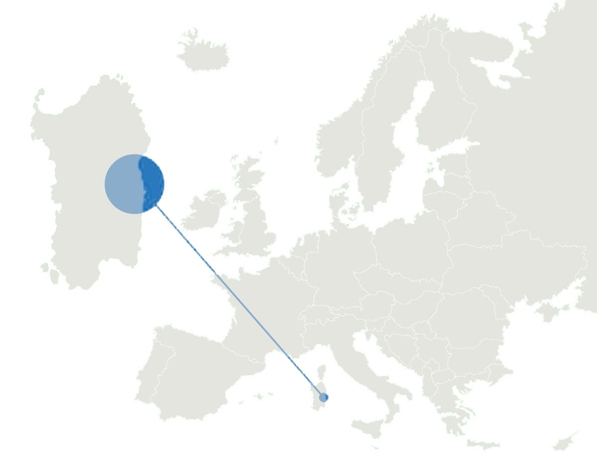 Map of Europe pinpointing Sardinia and, on the island's eastern coast, Ogliastra